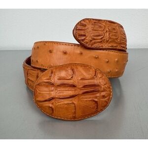 Vintage Cognac Leather Crocodile Alligator Tail Design Belt Buckle 34 Western